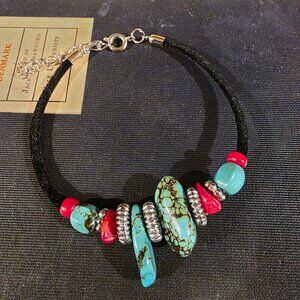 Turquoise & Coral Stone Bracelet with Black Velvet Silver Tone Accents Style A